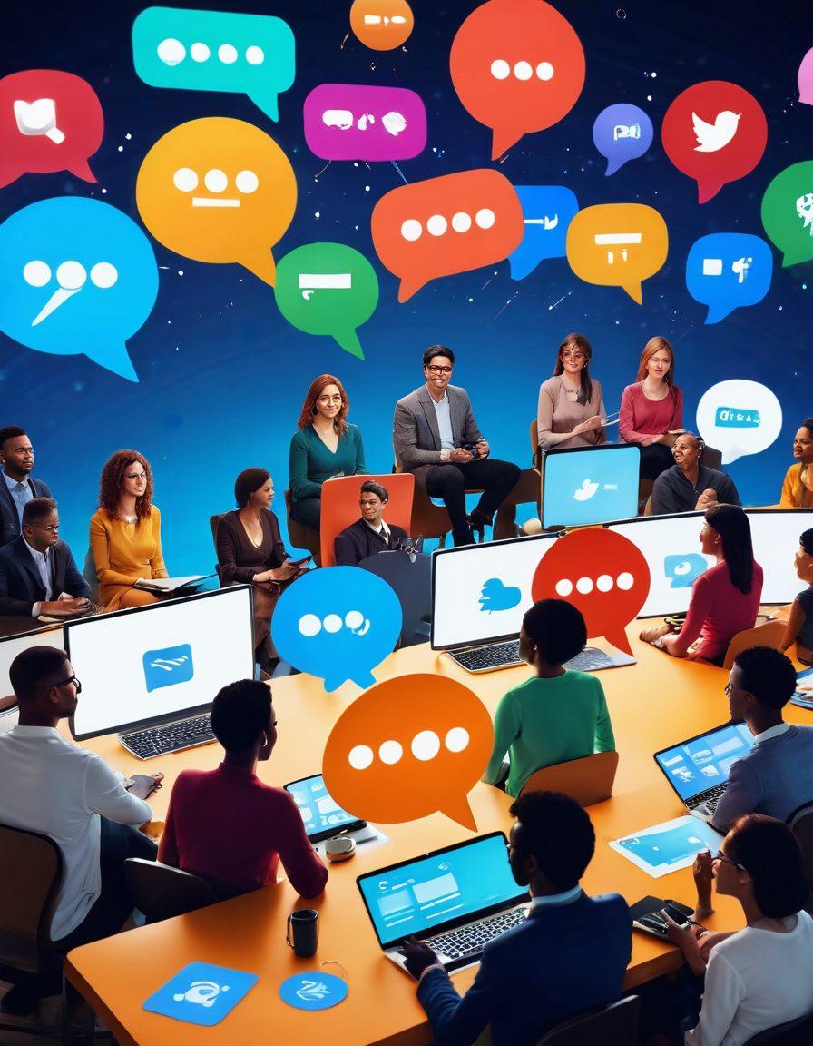An inviting digital forum scene with diverse people engaging in animated discussions, each in their unique style, sitting at virtual tables filled with chat bubbles and comments flowing around. A striking combination of social media icons subtly integrated in the background, symbolizing connectivity. Warm, inviting colors to create a friendly atmosphere that encourages participation. super-realistic. vibrant colors. 3D.