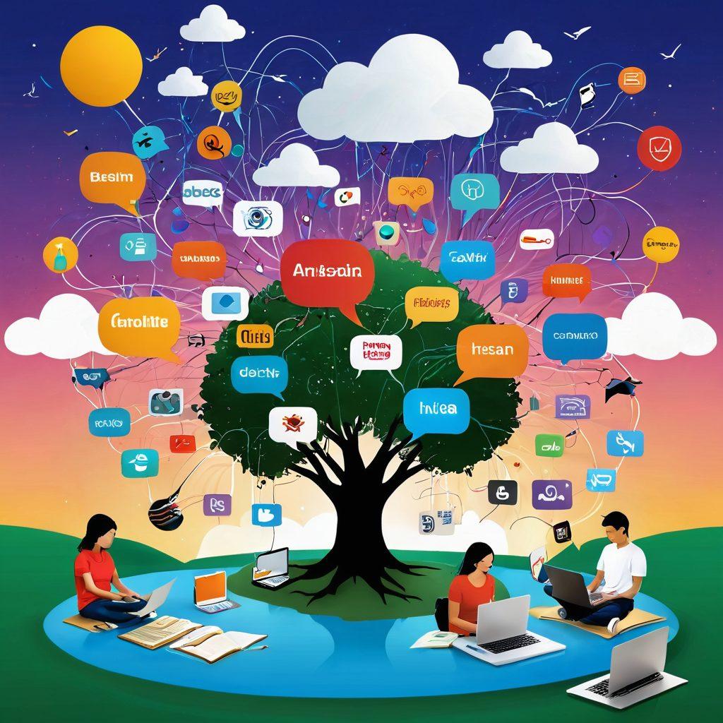 A dynamic digital landscape representing a vast blogosphere with interconnected blogs as floating islands, each labeled with various blog topics. The scene includes diverse characters of different ages, genders, and ethnicities engaged in active discussions over laptops and tablets, surrounded by vibrant speech bubbles filled with ideas and insights. The background features a colorful sky symbolizing creativity and innovation, with whimsical icons like pens, books, and social media logos floating around. super-realistic. vibrant colors. white background.