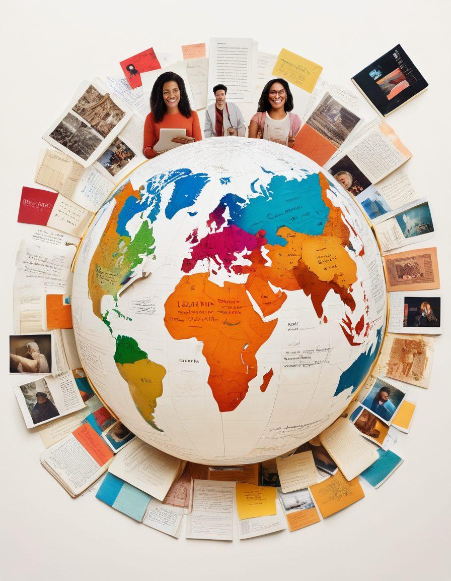 A vibrant collage of open journals with handwritten entries, surrounded by diverse people of different backgrounds sharing stories, symbolizing connection and community. In the background, a digital globe with blog icons representing various cultures and perspectives. Engage the viewer with a sense of inclusion and exploration. super-realistic. vibrant colors. white background.